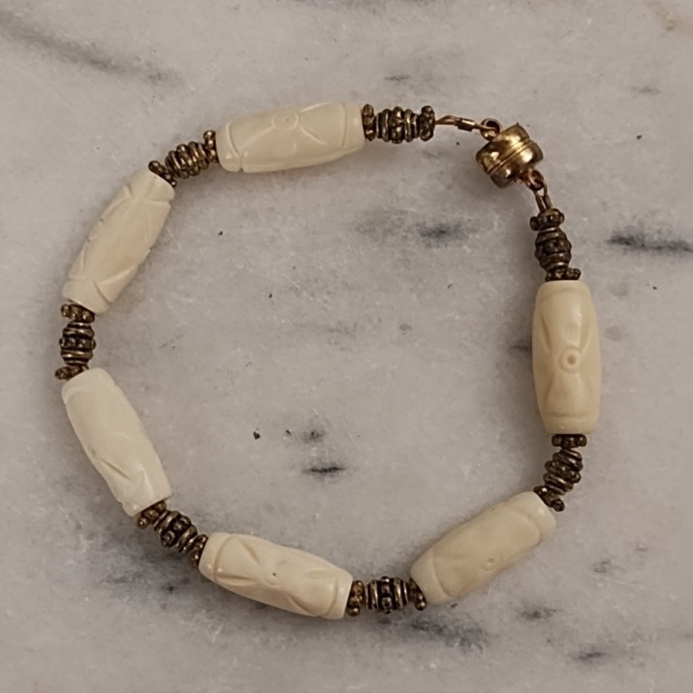 Vintage Brass Beads & Carved Ivory Bone Bracelet With Strong Magnetic Clasp